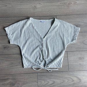 Zara Textured Black and White Striped T-Shirt with Knot